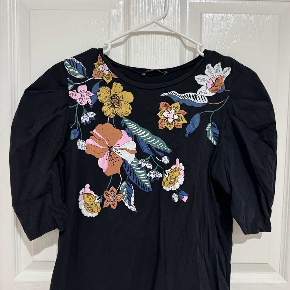Zara Black Top with Colorful Floral Embroidery